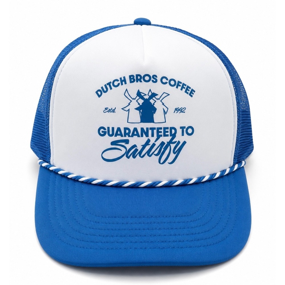 NEW Dutch Bros Guaranteed To Satisfy Blue White Rope Trucker Snapback Mesh Cap